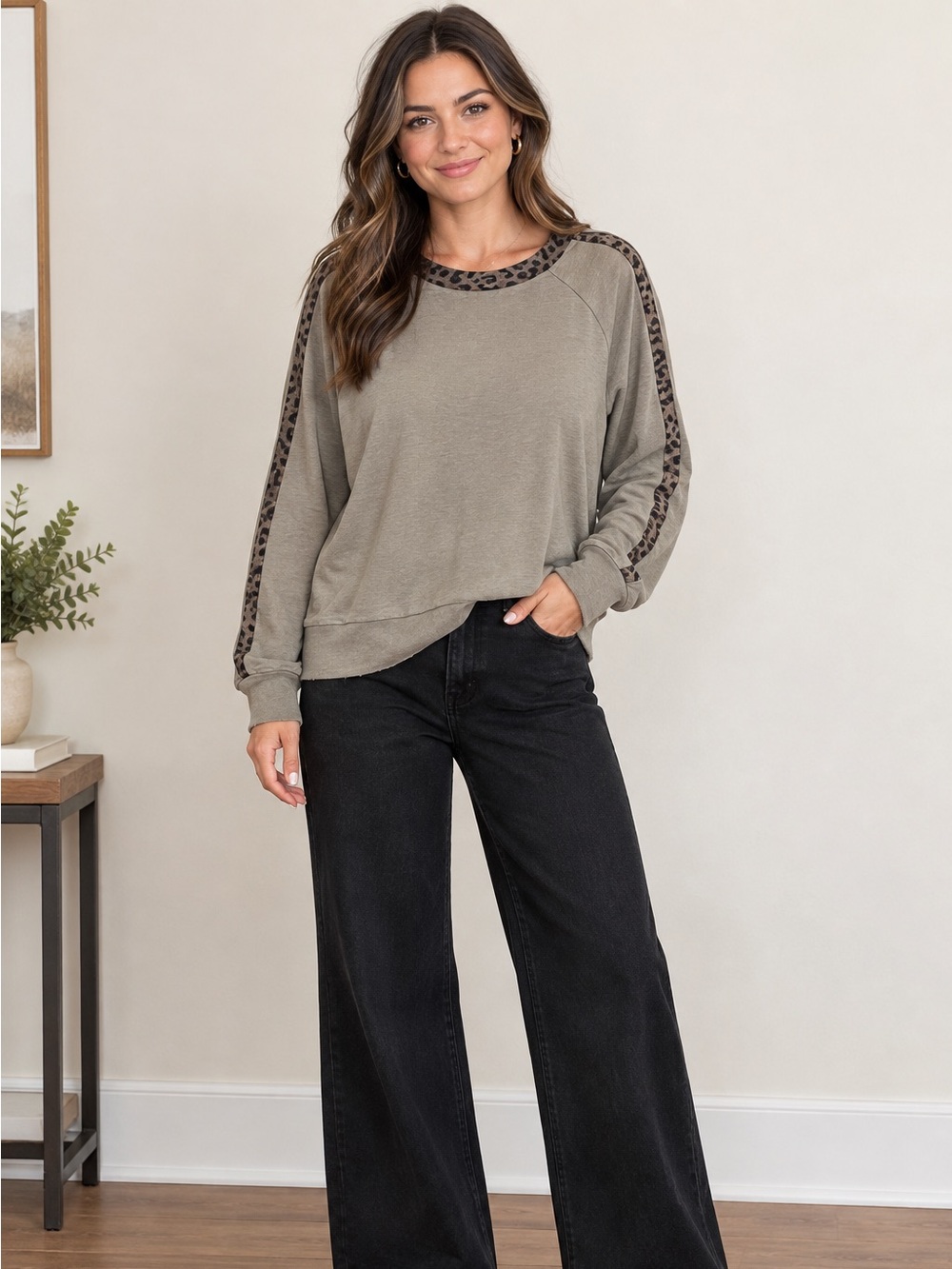 Mystree Taupe Pullover with Leopard-Trim Accents